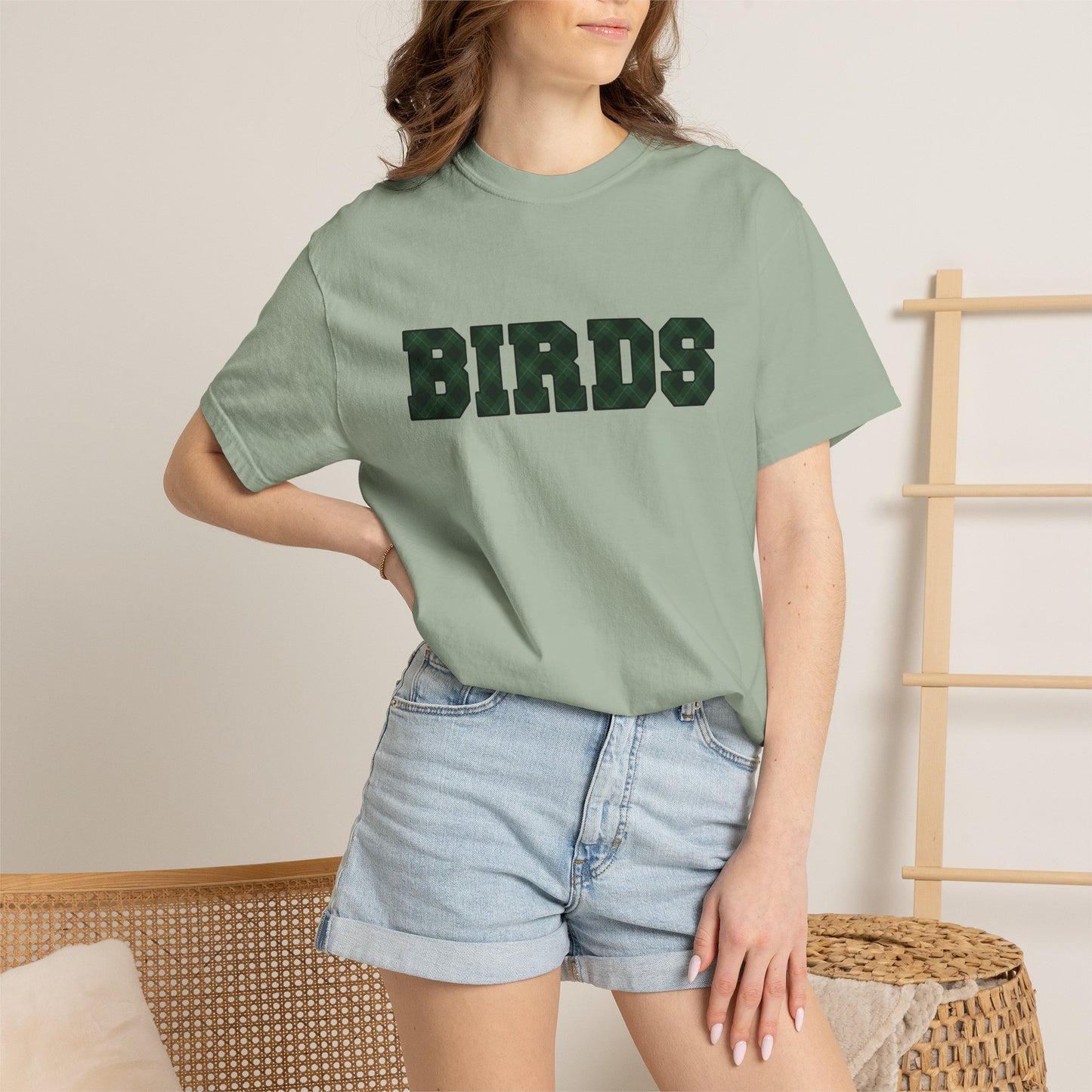 Birds Plaid Block Font Graphic Tee