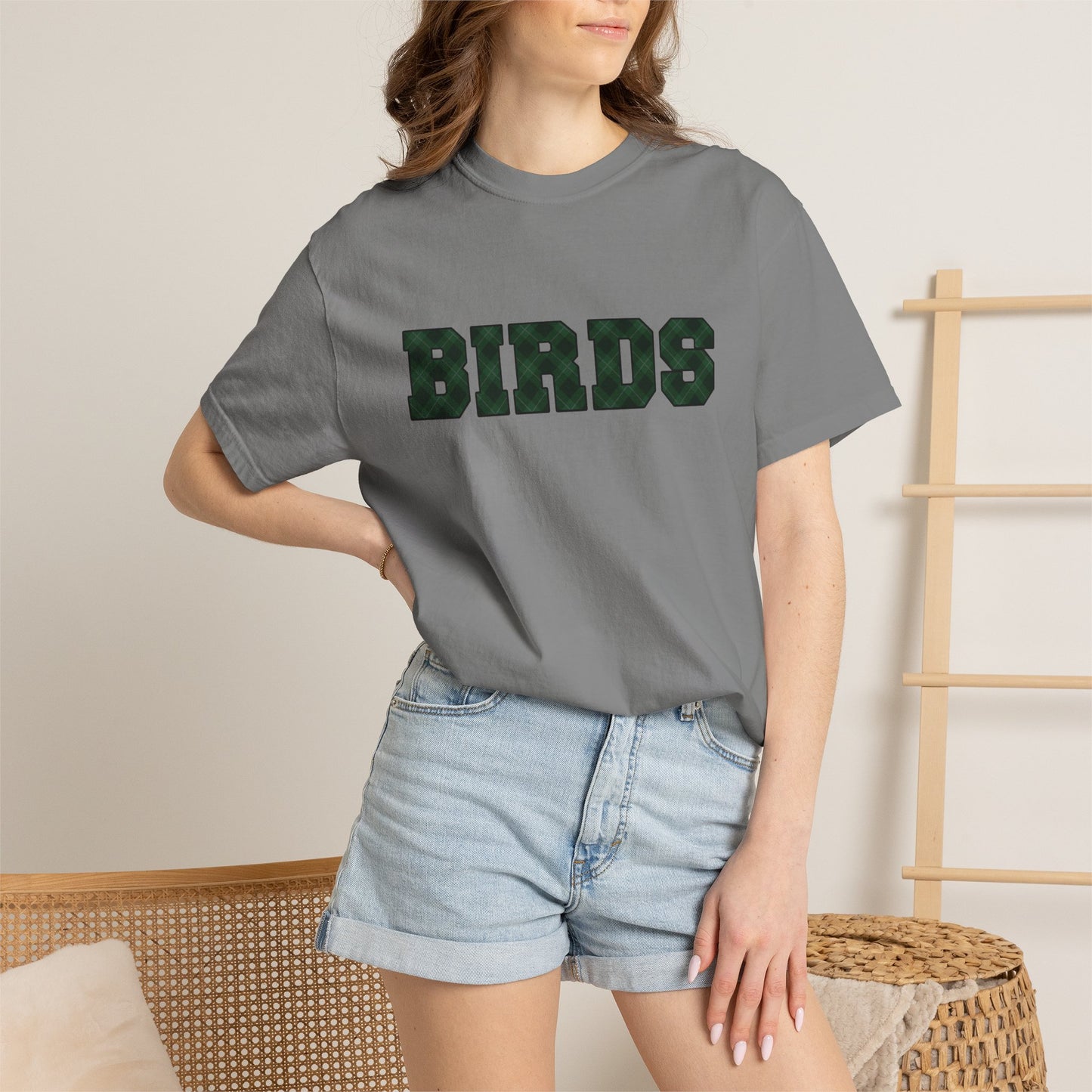 Birds Plaid Block Font Graphic Tee