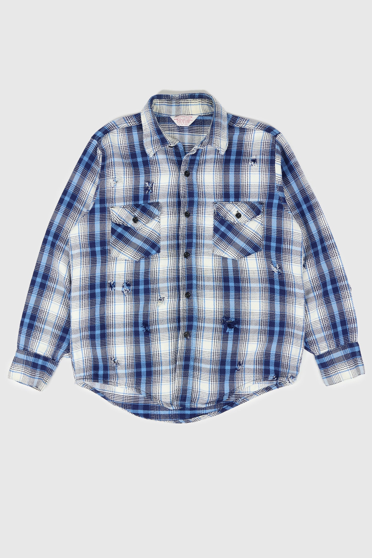 Vintage Distressed Blue Plaid Button-Down Shirt