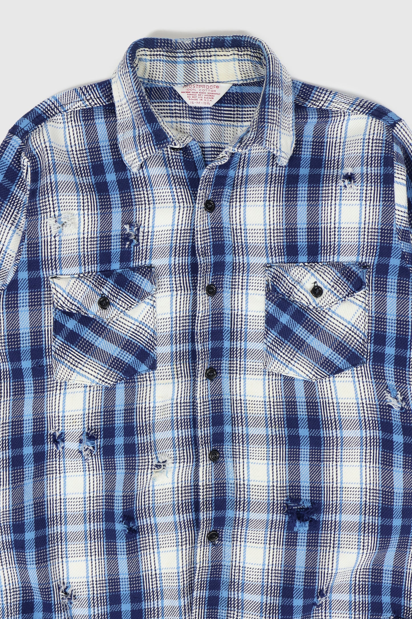 Vintage Distressed Blue Plaid Button-Down Shirt