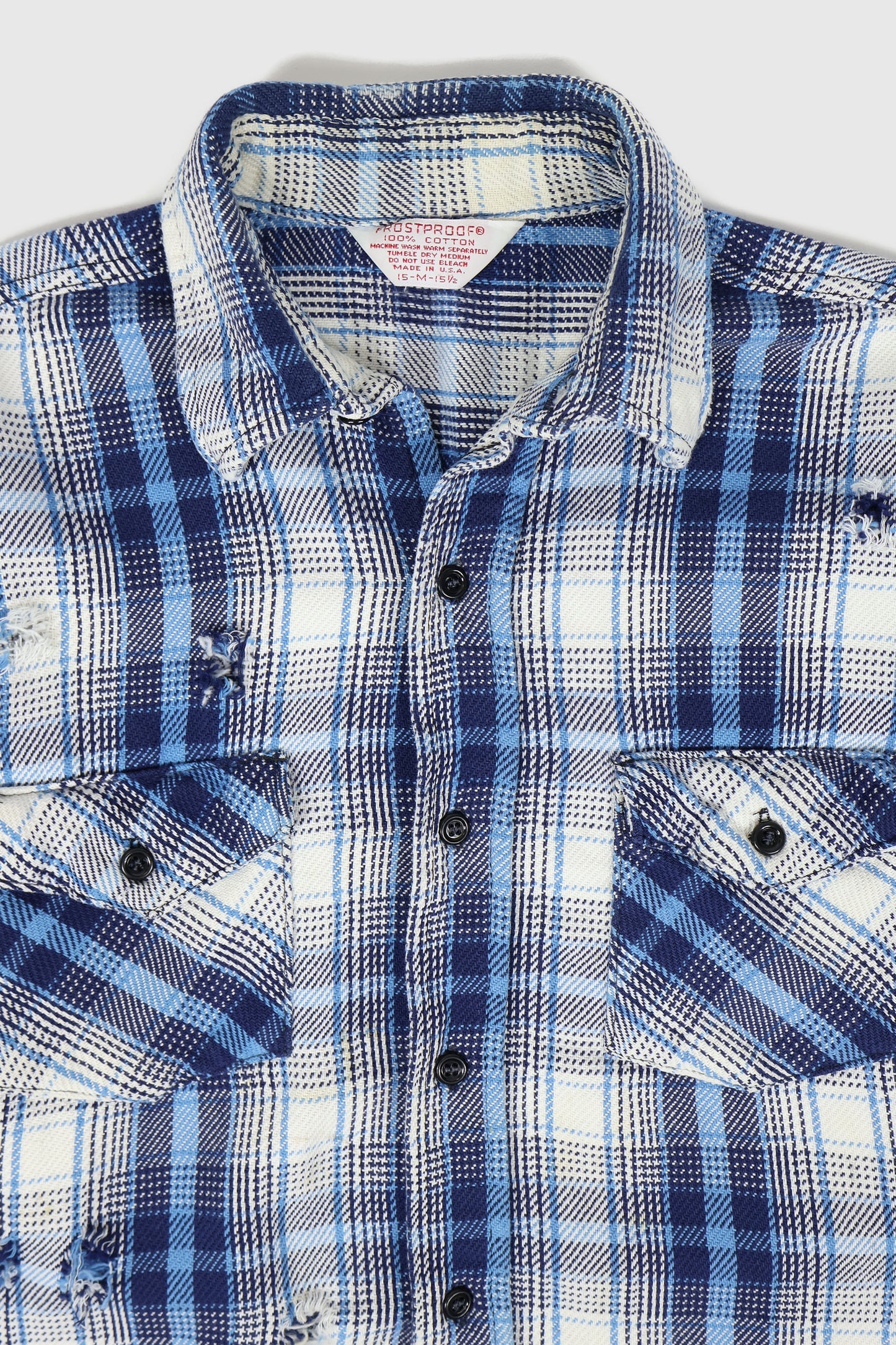 Vintage Distressed Blue Plaid Button-Down Shirt