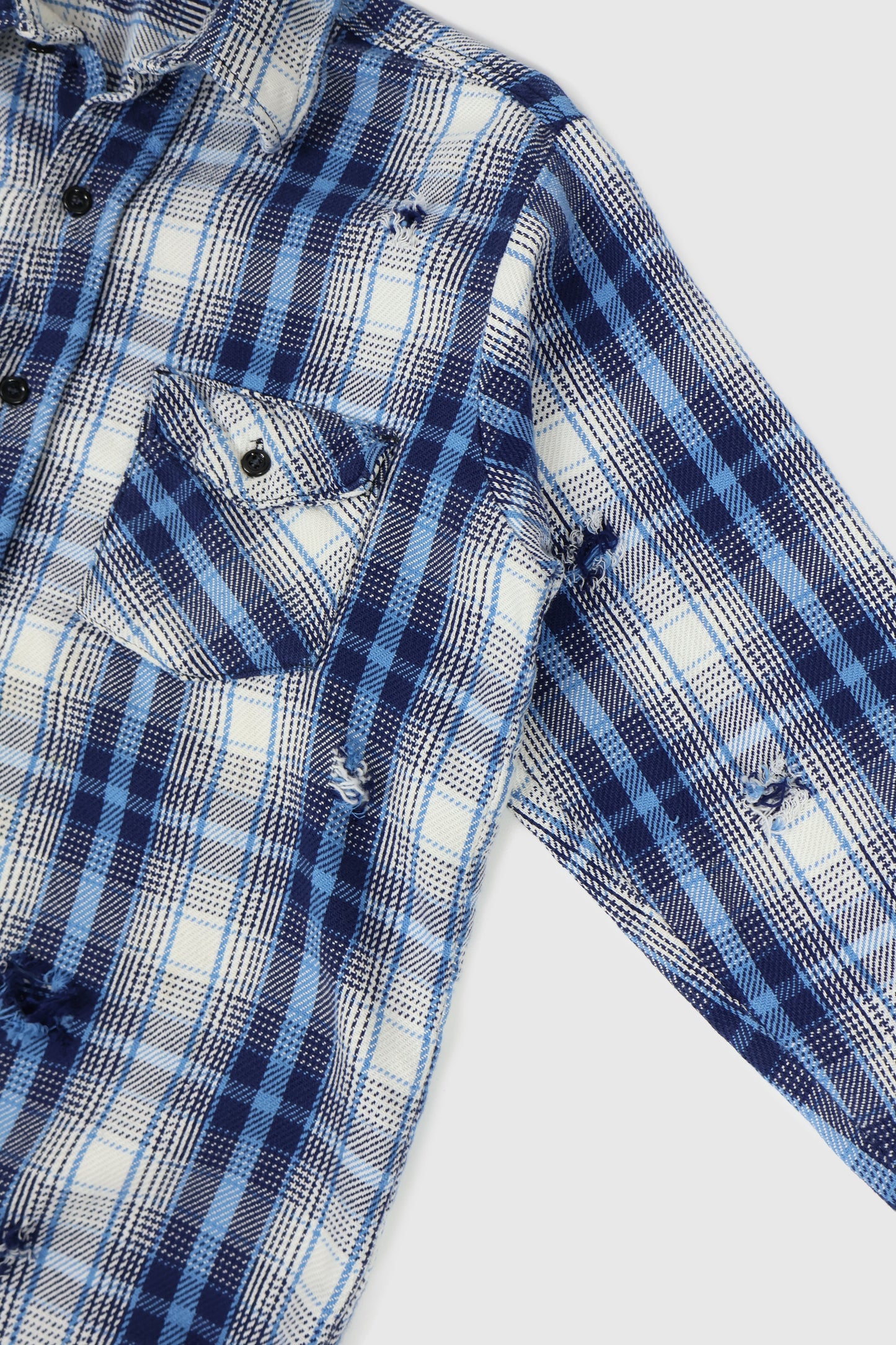 Vintage Distressed Blue Plaid Button-Down Shirt