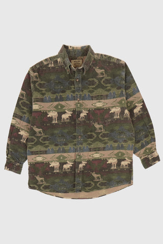 Vintage Moose Pattern Flannel Button-Down Shirt