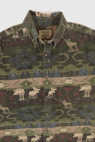 Vintage Moose Pattern Flannel Button-Down Shirt