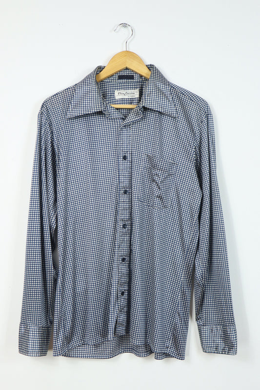 Vintage Blue Houndstooth Silky Button-Down